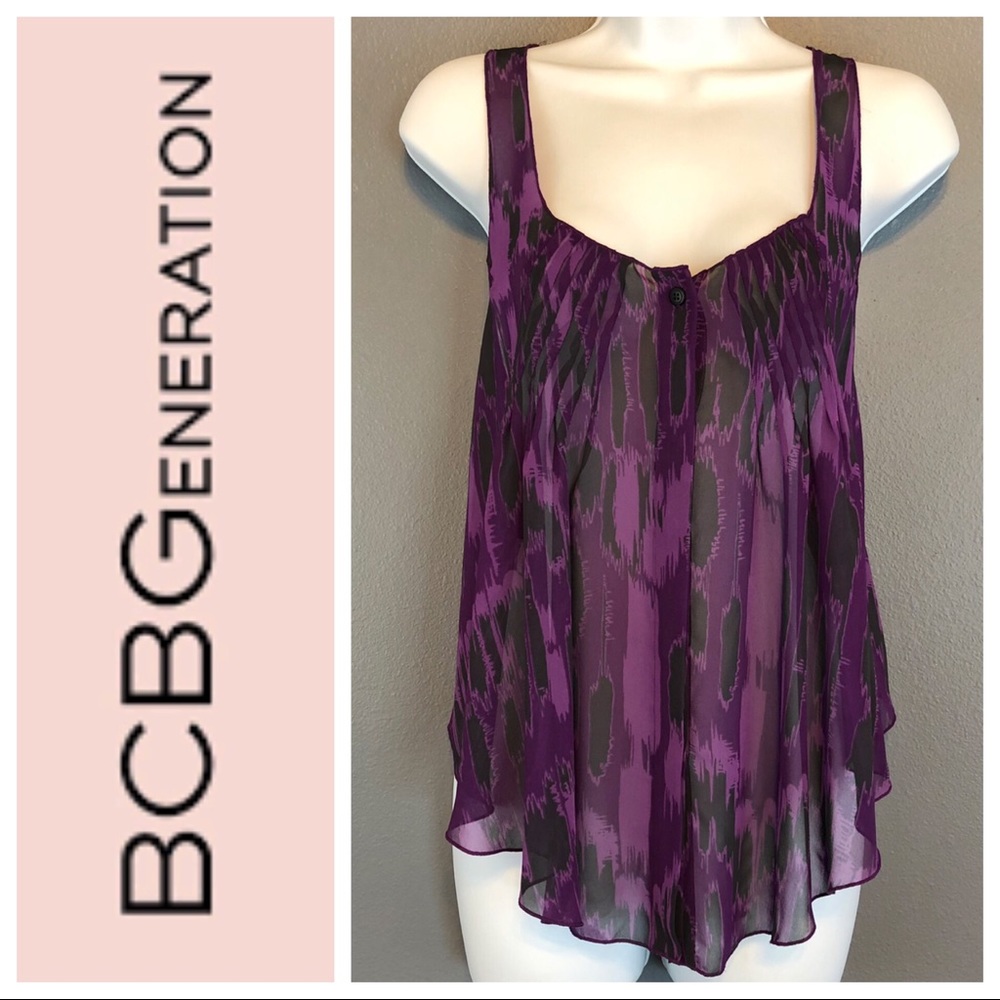 BCBGeneration flowy sheer purple print tank top